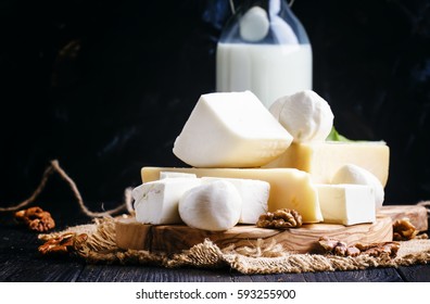 Cheese Assortment, Black Background, Selective Focus