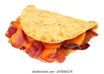 Cheese And Bacon Flatbread Sandwich Isolated On A White Background