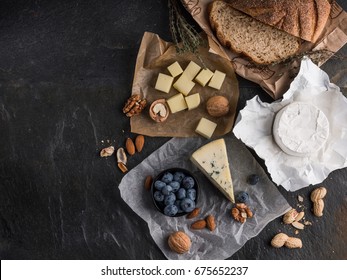 Cheese Banner - Brie, Camembert And Parmesan Tasting With Berries, Nuts, Snack And Fruit Jam, Big Size Resolution. Food Banner For Text Or Design. Top Flat View Photo, Overhead.