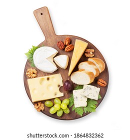 Cheese board with grapes and nuts. Wine snaks. Isolated on white background. Top view flat lay - Powered by Shutterstock