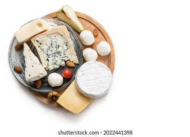 Cheese board on a white  background top view with a copy space .  Mixed cheese  isolated  .  Parmesan , camembert , brie , mozzarella  and masdam on a white background top view . 
