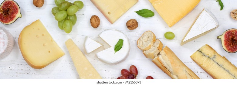 Cheese Board Platter Plate Swiss Bread Camembert Banner Top View Above