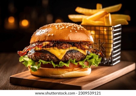 cheese buerger with fries on a wooden plate at a restaurant