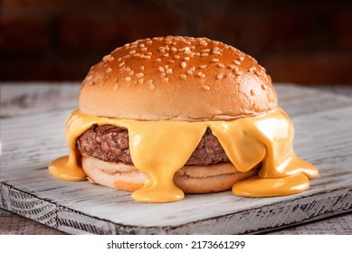 cheese burger cheddar in wood background