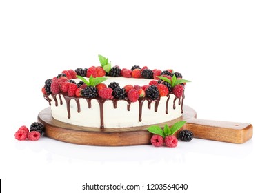 Cheese Cake With Chocolate And Berries. Isolated On White Background