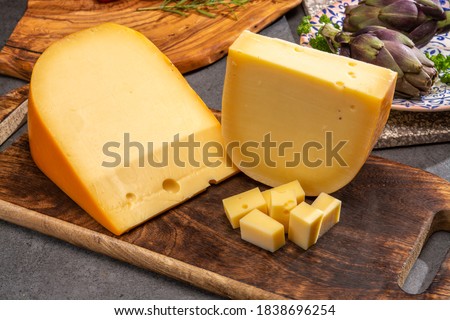 Cheese collection, Dutch ripe hard cheeses made from cow milk in the Netherlands close up