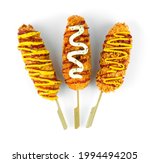 Cheese Corndog 3 Favourite Instant noodles, French fries Potato and Bread Crumbs inside Mozzarella cheese and hotgog style Korean Street Food popular break time menu