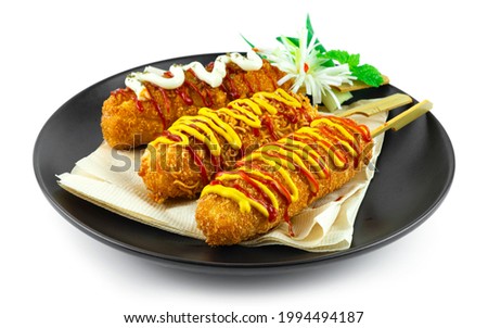 Cheese Corndog 3 Favourite Instant noodles, French fries Potato and Bread Crumbs inside Mozzarella cheese and hotgog style Korean Street Food popular break time menu sideview