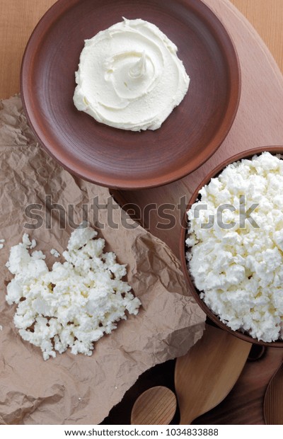 Cheese Cottage Cheese Cream Clay Pots Stock Photo Edit Now