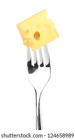 Cheese Cube On Fork Isolated On White