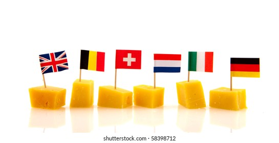 Cheese cubes from Europe with different flags