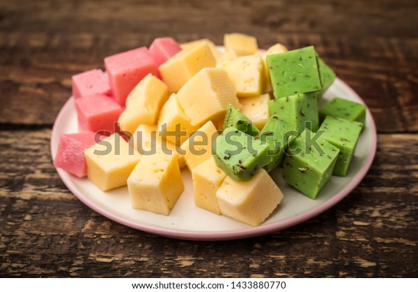 Download Cheese Cubes Green Yellow Red On Stock Photo Edit Now 1433880770 Yellowimages Mockups