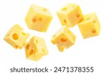 Cheese cubes with holes levitating in air on white background. File contains clipping paths.