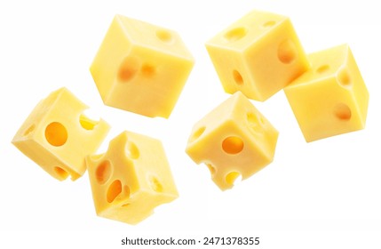 Cheese cubes with holes levitating in air on white background. File contains clipping paths.