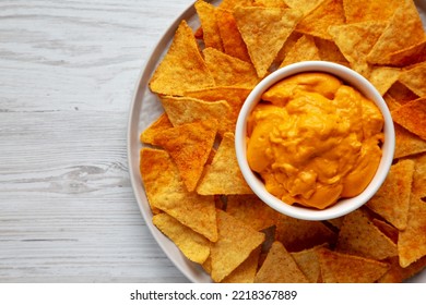 Cheese Dip With Tortilla Chips, Top View. Flat Lay, Overhead, From Above. Copy Space.