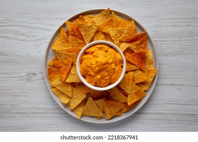 Cheese Dip With Tortilla Chips, Top View. Flat Lay, Overhead, From Above. 