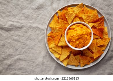 Cheese Dip With Tortilla Chips, Top View. Flat Lay, Overhead, From Above. Space For Text.