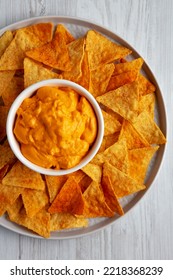 Cheese Dip With Tortilla Chips, Top View. Flat Lay, Overhead, From Above. 