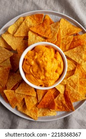 Cheese Dip With Tortilla Chips, Top View. Flat Lay, Overhead, From Above. 