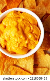 Cheese Dip With Tortilla Chips, Top View. Flat Lay, Overhead, From Above. Close-up.