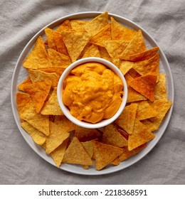 Cheese Dip With Tortilla Chips, Top View. Flat Lay, Overhead, From Above. 