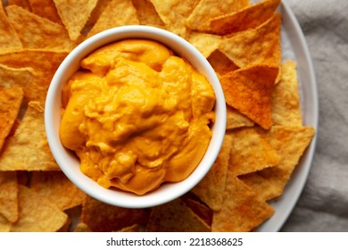 Cheese Dip With Tortilla Chips, Top View. Flat Lay, Overhead, From Above. Close-up.