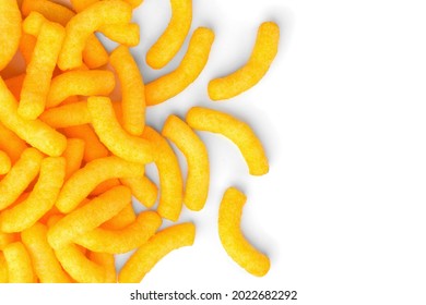 Cheese flavored puffed corn snacks isolated on white background. - Shutterstock ID 2022682292