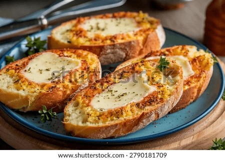 Cheese Garlic Bread : Crispy toasted baguette slices layered with rich garlic butter and melted mozzarella cheese, baked until golden and bubbling, a beloved Italian-inspired appetizer perfect for sharing or pairing with pasta