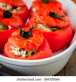 Cheese And Green Olive Stuffed Tomatoes, Close Up, Square