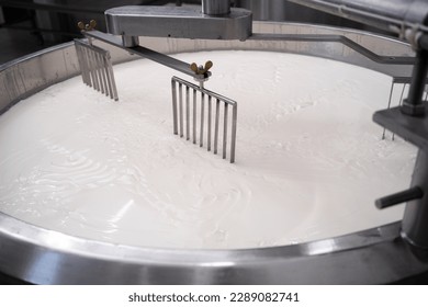 Cheese making process. Freshly fermented milk on during production process at dairy factory. Top view - Shutterstock ID 2289082741
