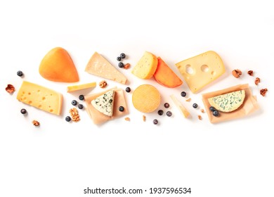 Cheese. Many Different Types Of Cheeses, Overhead Flat Lay Shot