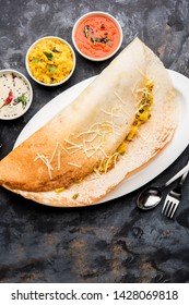 Cheese Masala Dosa Recipe With Sambar And Chutney, Selective Focus