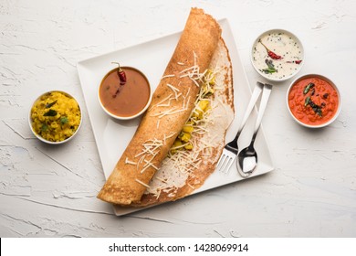 Cheese Masala Dosa Recipe With Sambar And Chutney, Selective Focus