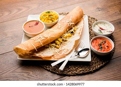 Cheese Masala Dosa Recipe With Sambar And Chutney, Selective Focus