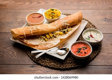 Cheese Masala Dosa Recipe With Sambar And Chutney, Selective Focus