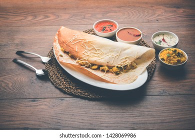 Cheese Masala Dosa Recipe With Sambar And Chutney, Selective Focus