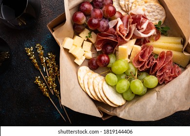 Cheese And Meat Assortment In A To Go Box, Food Delivery Or Catering Concept
