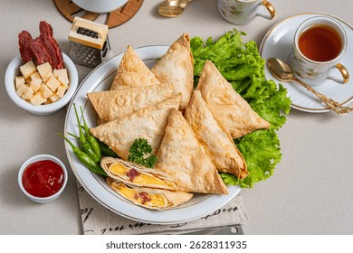 Cheese and meat samosa, a triangular shaped food filled with cheese and meat combined with hot tea and some garnished makes this food even more attractive to look at and enjoy.