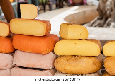 Cheese From Mahón Menorca In A Street Market Of The Balearic Islands