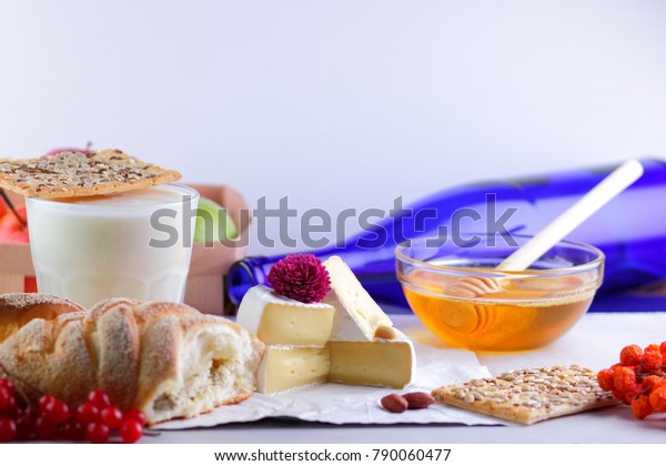 Cheese Mold Camembert Honey Purple Bottle Food And Drink Stock Image