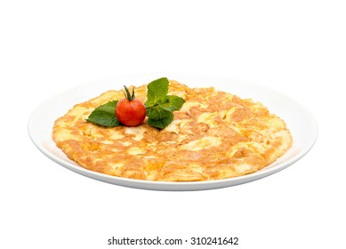 Cheese Omelette On A Plate Isolated On White / Cheese Omelette Isolated / Cheese Omelette With Tomatoes 