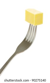 Cheese On Fork Isolated On White Background