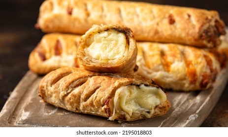 Cheese And Onion Puff Pastry Rolls. Vegetarian Food, Snack