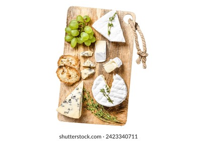 Cheese plate with Camembert, brie and blue cheese with grapes and walnuts. Isolated on white background. Top view - Powered by Shutterstock