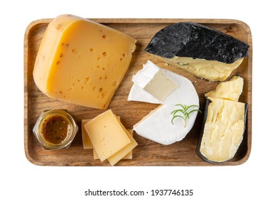 Cheese Plate Isolated On White. Cheese Platter On Wooden Board. Top View.