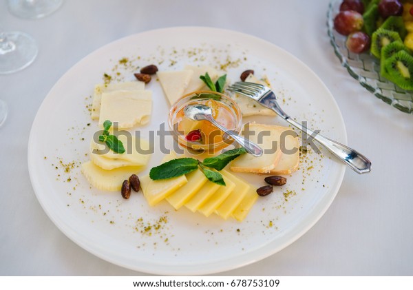 Cheese Plate On White Cloth Wedding Stock Photo Edit Now 678753109