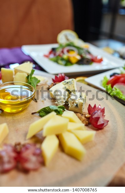 Cheese Platter Closeup Photo Appetizer Presentation Stock Photo