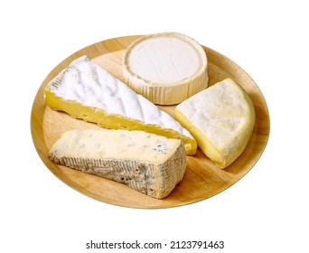 Cheese Platter On Wooden Tray Isolated On White.