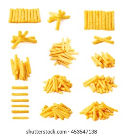 Cheese Puff Stick Corn Snack Isolated Over The White Background, Set Of Multiple Different Foreshortenings