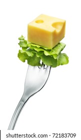 Cheese And Salad On A Fork Isolated On White Background